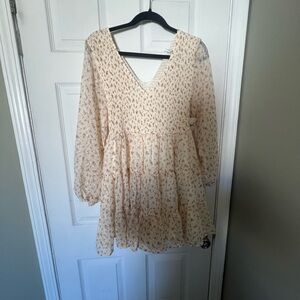 Altar'd State Cream Floral Long-Sleeve V-Neck Tiered Mini Dress